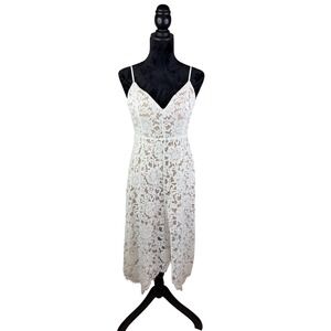 Lulus White Floral Lace V-Neck Midi Dress with Handkerchief Hem Size Large